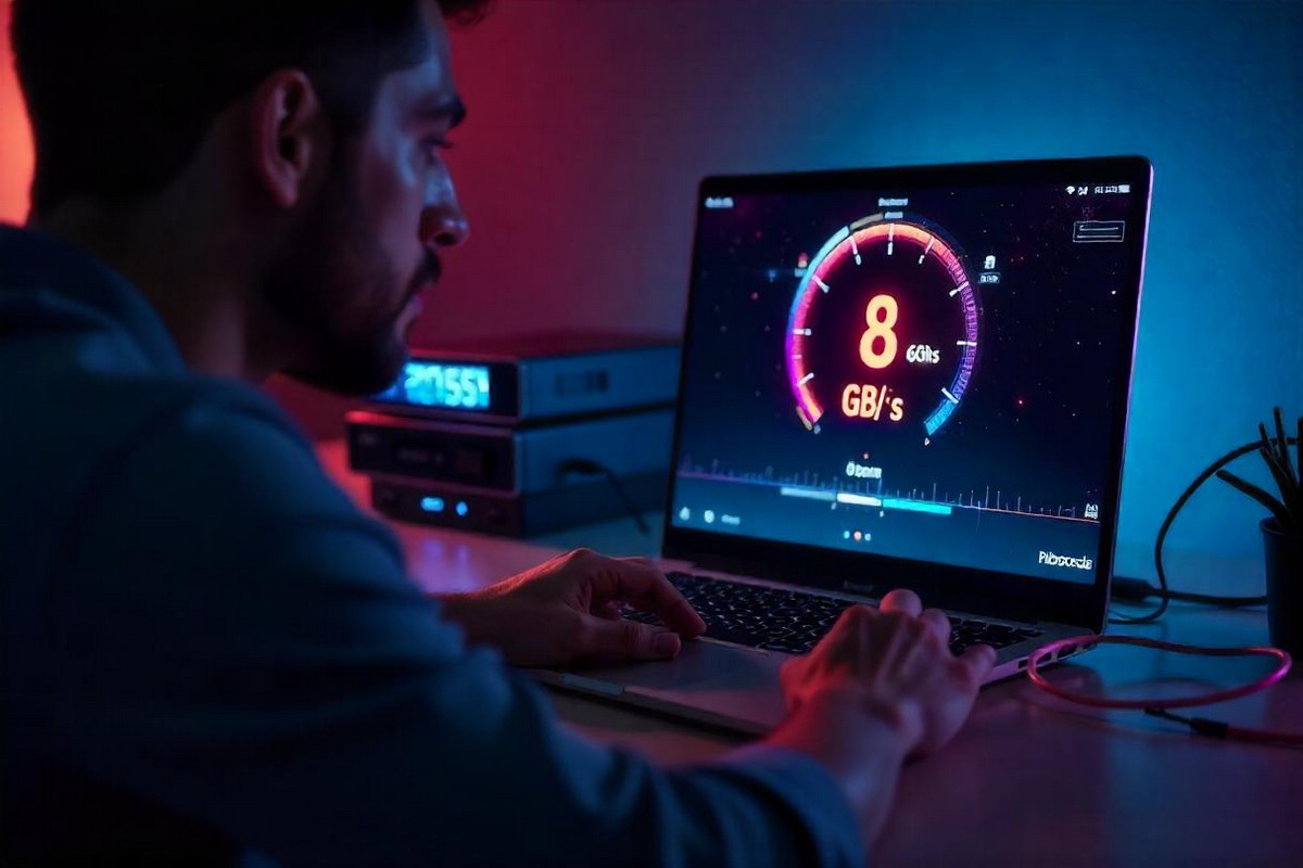 Homme en train de tester sa vitesse de connexion