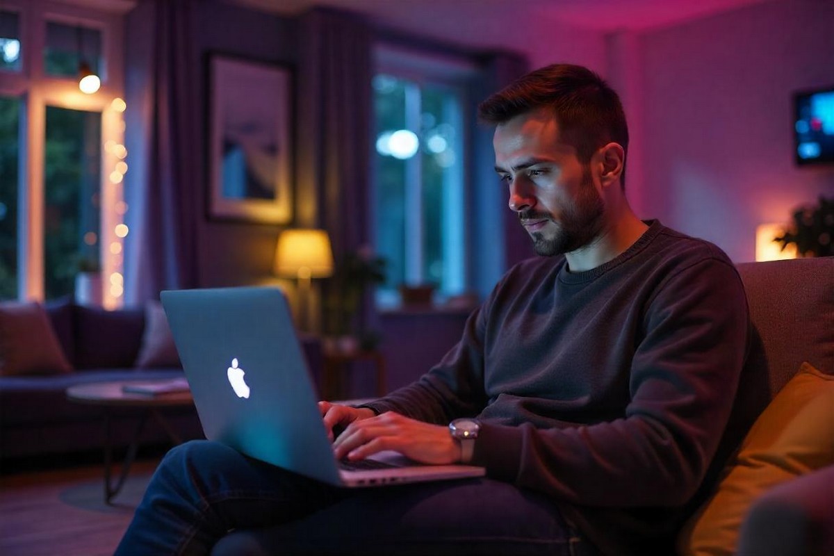 Homme utilise son ordinateur dans le salon